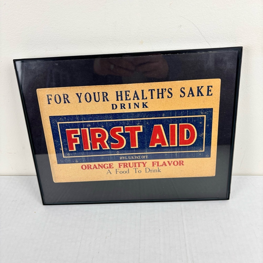 Vintage First Aid-Orange Drink cardboard sign in frame-advertisement
